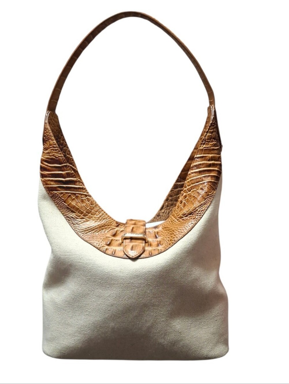 Brahmin Gwynne Tan Canvas Shoulder Bag with Brown Croc Trim Nwot